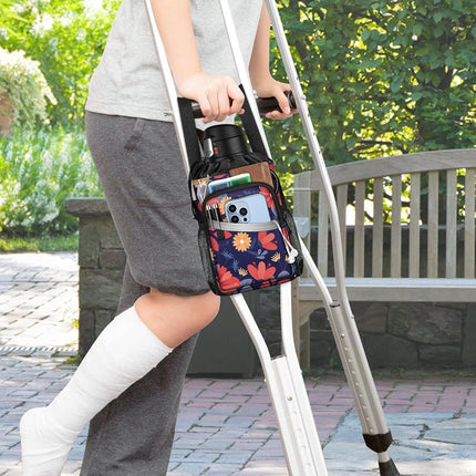 FINPAC Crutch Accessories Bag, Water-Resistant Storage Organizer Tote Bag with Drink Holder and Zipper Pouch for Crutches, Underarm Crutches Attachment, Daisy