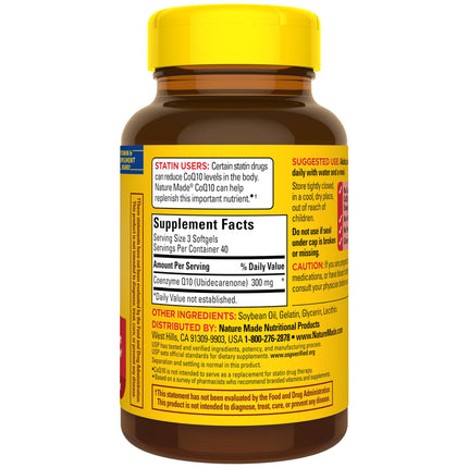 Nature Made CoQ10 300mg par 3 gélules, Santé cardiaque et soutien antioxydant, 120 gélules, 40 jours d'approvisionnement