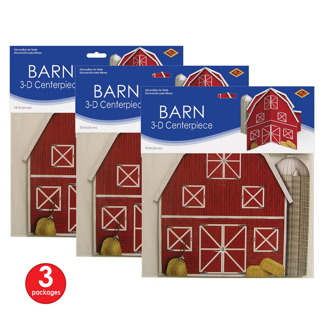 Beistle Red 52194, 3 Piece 3-D Barn Centerpieces, 10", Paper, Multicolored
