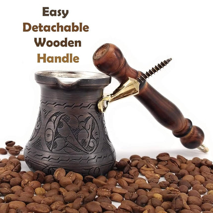 PCA Series (Small-6fl.oz) - Thickest Solid Engraved Antique Copper Turkish Greek Arabic Coffee Pot Heavy Duty with Wooden Handle Stovetop Coffee Maker Jazzve Cezve Ibrik Briki
