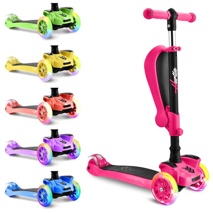 6 Wheeled Scooter for Kids - Stand & Cruise Child/Toddlers Toy Folding Kick Scooters w/Adjustable Height, Anti-Slip Deck, Flashing Wheel Lights, for Boys/Girls 2-12 Year Old - Hurtle