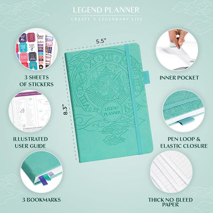 Legend Planner - Undated Weekly & Monthly Life Planner to Hit Your Goals & Live Happier. Organizer Notebook, Productivity Journal for Women & Men. A5 Hardcover, Lasts 1 Year, Stickers A5 (5.8'' x 8.3'') Aquamarine (Undated)