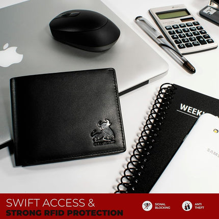 BULL GUARD Cartera para Hombre con Bloqueo RFID, Plegable, Piel Genuina Nappa Suave, Negra