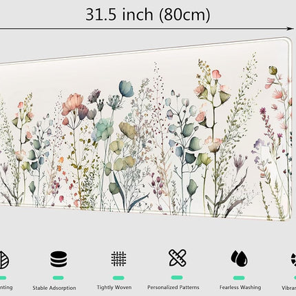 Cute Wild Flower Desk Mat, Boho Aesthetic XL Large Extended Gaming Mouse Pad Desk Pad with Stitched Edges 31.5x11.8 in, Computer Laptop Mousepad Keyboard and Mouse Mat for Women Office Desk Decor