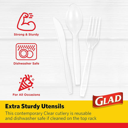 Glad Premium Assorted Plastic Cutlery | Clear Extra Heavy Duty Forks, Knives, and Spoons | 150 Piece Set of Disposable Party Utensils, and Sturdy Cutlery