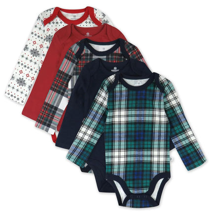 HonestBaby Paquete de 5 bodies de manga larga de una pieza 100% algodón orgánico para bebés, unisex, tartán festivo, 12 meses, tartán festivo, 12 meses