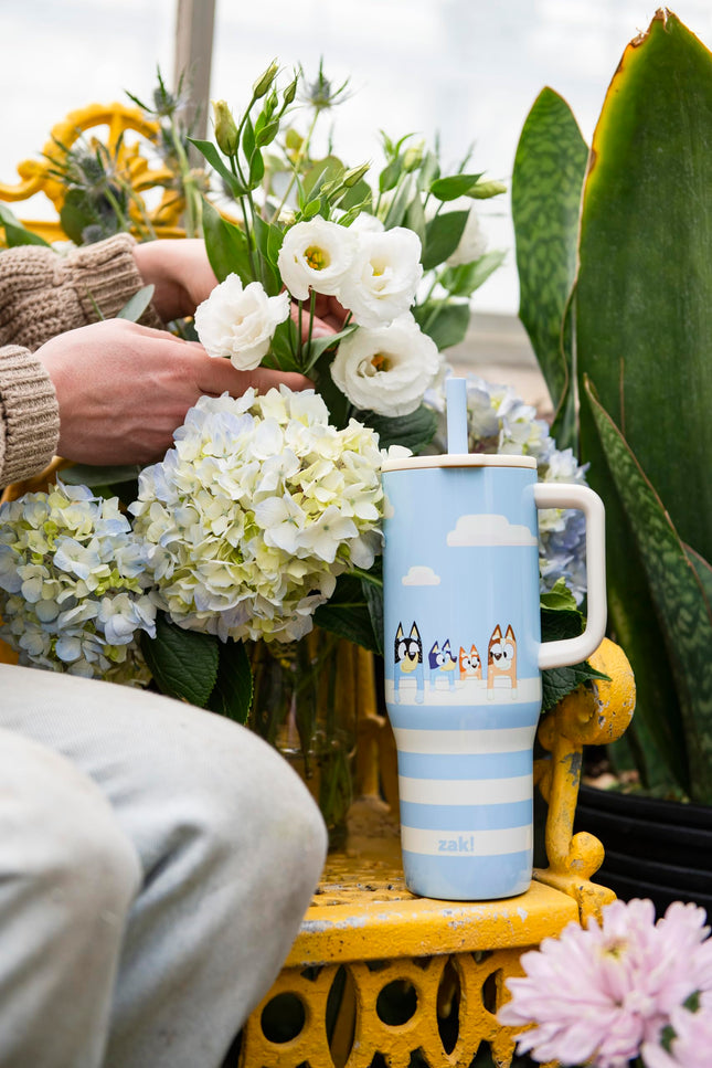 Zak Designs Bluey Sutton Gobelet de Voyage de 887 ml en Acier Inoxydable Isolé sous Vide avec Paille en Silicone et Poignée de Transport pour Boissons Froides (Bluey, Bingo, Bandit, Chilli)