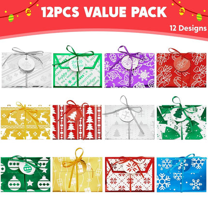 JOYIN 12PCS Gift Card Boxes Holder Unique for Christmas, Christmas Fancy Foil Gift Card Boxes with Ribbon, 4.5" x 3.25" x 0.4" Decorative Wrapped Envelopes, 12 Design Holiday Xmas Party Present Decor