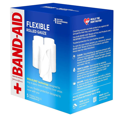 Band Aid Brand First Aid Products Flexible Rolled Gauze for Wound Care Dressing, 3 in x 2.1 yd, 5 ct