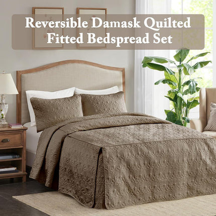Madison Park Quebec Split Corner Quilted Bedspread Classic Traditional Design All Season, Lightweight, Bedding Set, Matching Shams, King(79" x81+24D), Damask Quilted Khaki 3 Piece