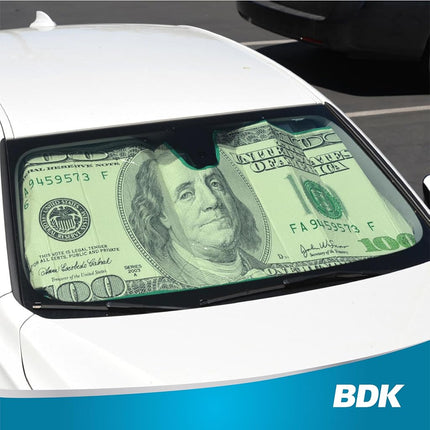 Hundred Dollar Bill Benjamin Franklin Front Windshield Sun Shade - Accordion Folding Auto Sunshade for Car Truck SUV - Blocks UV Rays Sun Visor Protector - Keeps Your Vehicle Cool - 58 x 28 Inch