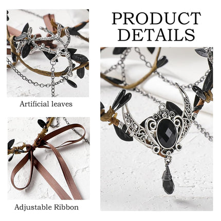 MOSTORY Woodland Elf Crown for Women - Medieval Elf Headpiece with Tassel for Renaissance Renfaire Fae Cosplay Viking Outfit, Black-silver, One Size
