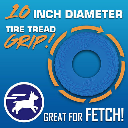 Nerf Dog Rubber Tire Flyer Dog Toy, Flying Disc, Lightweight, Durable, Floats in Water, Great for Beach and Pool, 10 Inch Diameter, for Medium/Large Breeds, Single Unit, Blue, Original
