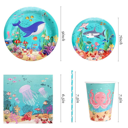 Under The Sea Birthday Party Supplies Decorations, Ocean Theme Paper Plates and Napkins Set for 24 Guests, 120 Pcs Disposable Sea Animals Party Dessert Dinnerwares