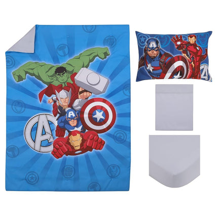 Marvel Avengers Team Blue, Red, and Green Hulk, Captain America, Iron Man, and Thor 4 Piece Toddler Bed Set - Comforter, Fitted Bottom Sheet, Flat Top Sheet, and Reversible Pillowcase