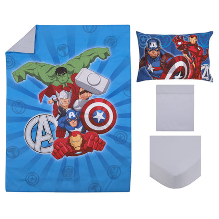 Juego de cama de 4 piezas para niños pequeños de Marvel Avengers Team Blue, Red, and Green Hulk, Captain America, Iron Man y Thor - Edredón, sábana bajera, sábana encimera y funda de almohada reversible