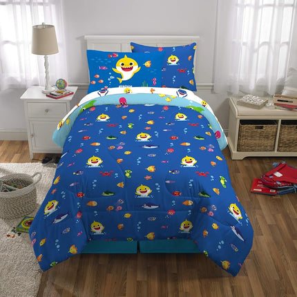 Franco Comforter and Sheet Set with Sham, Microfiber, Baby Shark, 5 Piece Twin Size