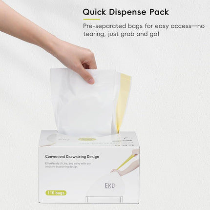 EKO 12.9 Gallon / 45-49 Liter, 110 Count Drawstring Trash Bags, Extra-Strong Unscented Garbage Bags, Easy-Dispense Roll for Kitchen & Household Use, Resists Tears, Leaks and Punctures, Code J, White