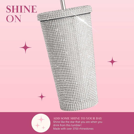 Paris Hilton Diamond Bling Water Tumbler with Lid and Straw, Vacuum Insulated Stainless Steel, Bedazzled with Over 3700 Rhinestones, 16.9-Ounce, Silver