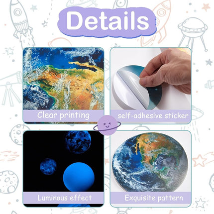 Estrellas que brillan en la oscuridad, pegatinas de pared de la Tierra, pegatinas de pared del sistema solar para dormitorio, decoración de planetas para techo de cuarto de bebé (azul)