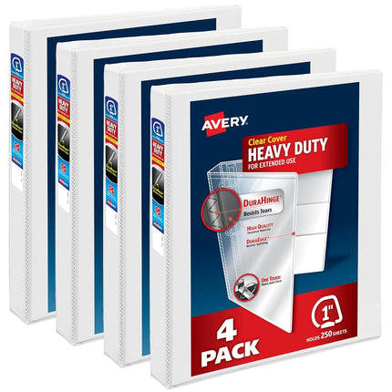 Avery Heavy Duty View 3 Ring Binder, 1" One Touch Slant Ring, Holds 8.5" x 11" Paper, 4 White Binders (79780)