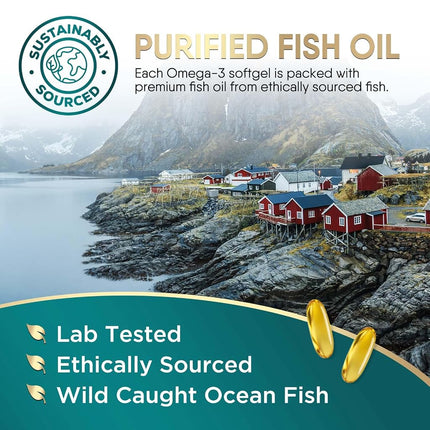 Omega 3 Fish Oil Supplements - 2400mg Fish Oil Per Serving - Triple Strength Omega-3 with Fatty Acids EPA & DHA - Natural Heart, Brain & Immune Support - Wild Caught, Bottled in USA - 60 Softgels