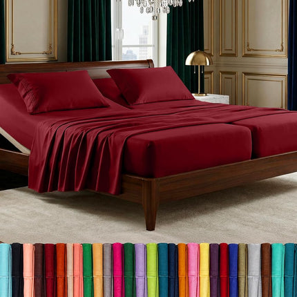 Elegant Comfort Luxurious 1500 Premium Hotel Quality Microfiber Three Line Embroidered Softest 5-Piece Bed Sheet Set, Wrinkle and Fade Resistant, Split King, Burgundy
