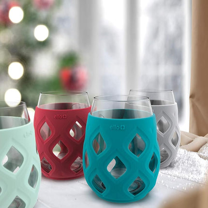 Ello Cru 17oz Stemless Wine Glass Set with Protective Silicone Sleeves, 4 Pack Cocktail Glass Perfect for Summer Patios, Parties, Holiday Gifting Her or Him, Dishwasher Safe, Holiday Jewels