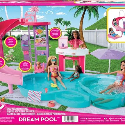 Barbie Dream Pool Playset with 6 Play Areas, Including Slide & Bubbling Hot Tub, Plus 20+ Accessories Like Pet, Floaties & More, JFP01