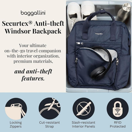 Baggallini Women's Securtex Anti-Theft Windsor Backpack for Travel, Work & Collage, RFID & Locking Zipper, Up to 16" Laptop, French Navy, M, Securtex Anti-theft Windsor Backpack for Travel