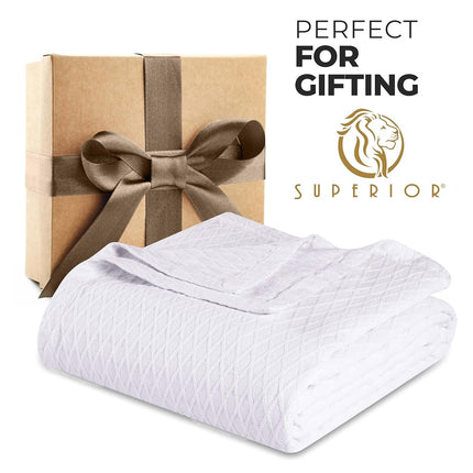 Superior Diamond Weave All-Season Cotton Blanket, Cover for Home, Couch, Bed, Soft, Warm Blankets, Boho Aesthetic, Comfy, Cozy, and Cute Covers, Decorative Bedding Essentials, Throw Size, White