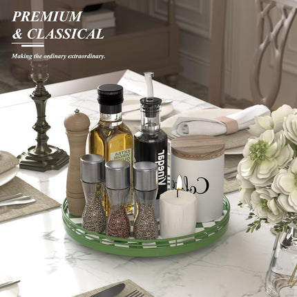 Premium Rubber Wood Lazy Susan Turntable, Green White Checkerboard Decorative Serving Tray, Hand-Welded Metal Railing, Stable Rotating Organizer for Dining Table, Kitchen Counter, Coffee Table Decor