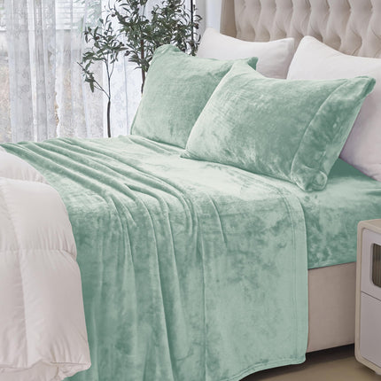 Elegant Comfort Luxuriously Soft 4-Piece Velvet Plush Flannel Sheet Set - Premium Quality - Cozy Warm, Anti-Static, Non Pilling Fuzzy Velvet Flannel Fleece Deep Pocket Sheet Set - Full, Mint Green