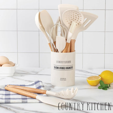 Country Kitchen 14 Piece Silicone and Wood Kitchen Utensil Set, Heat Resistant up to 450℉, Easy to Clean and Hand Washable