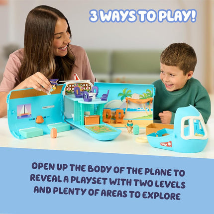 Bluey 3-in-1 Transforming Plane Playset with The Heelers, Plane Transforms to A Resort & Boat, 25+ Sounds & Phrases, 5 Figures - Exclusive Captain Figure, Amazon Exclusive