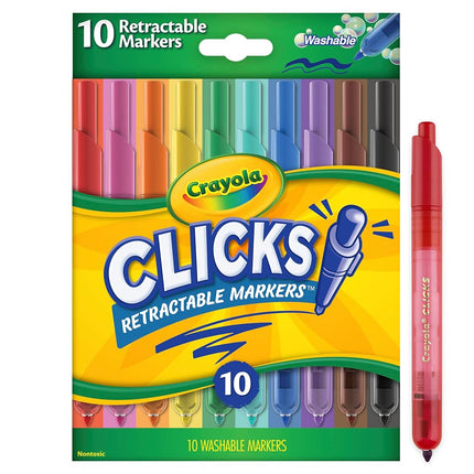 CRAYOLA Clicks Marker Pens - 10 Pack Retractable Washable Capless Marker Colouring Pens 2 in 1 Conical Tip for Thin and Thick Lines for School Home and Travel, Kids and Adults