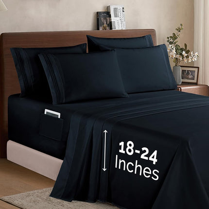 Elegant Comfort 1500 Premium Quality 6-Piece Bed Sheet Set - 18-24 Inch Extra Deep Pocket, Smart Storage Pockets, Wrinkle Free Ultra Soft 6PC Extra Deep Pocket Sheets, King, Black