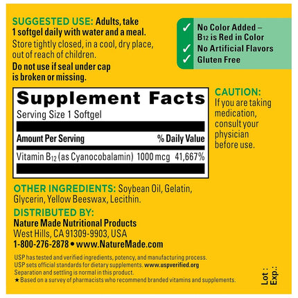 Nature Made Vitamin B12 1,000 mcg Softgels, 90 Count for Metabolic Health† (Packaging May Vary)