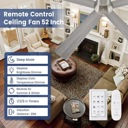 Autoday 52 Inch Ceiling Fans with Lights and Remote - Brushed Nickel Flush Mount Ceiling Fan with Light Low Profile, 6 Speeds, Quiet DC, 3CCT Dimmable, Indoor Outdoor Ceiling Fans for Patios Bedroom