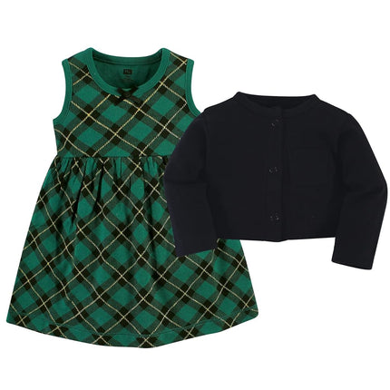 Hudson Baby Conjunto de Vestido y Cárdigan de Algodón para Bebés Niñas, Cuadros Verde Bosque, 5T