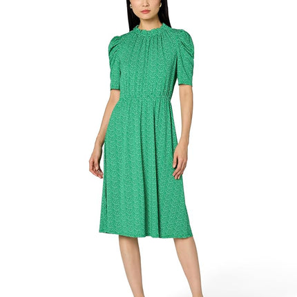 Adrianna Papell Women's Ruffle Neck Short Sleeve Dress Casual, Emerald Scattered Leaf, XL