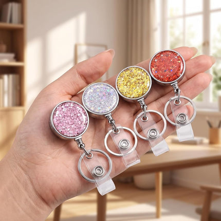 Boutilon Retractable Badge Holder, Badge Reels,Lightweight Plastic Badge Reel Card Holder Backing Belt Clip for Nurse,Volunteer,Teacher,Student(4 Pack Silver Pink Golden Red)