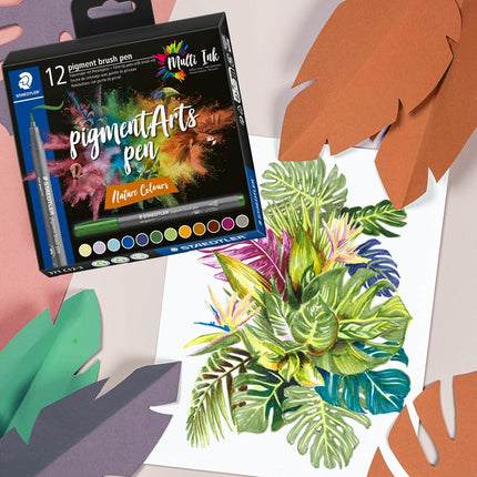 STAEDTLER 371 C12-3 Pigment Arts Brush Pen - Assorted Nature Colours (Pack of 12)