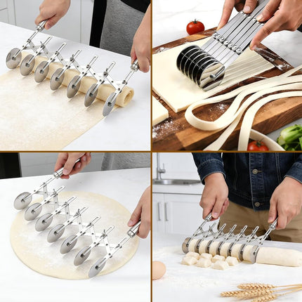 Juome 7 Wheel Pastry Cutter with Handle, Multi-Round Wheel Pasta Dough Cutter Roller Stainless Steel Pizza Slicer Accordion Pastry Knife Divider Tool
