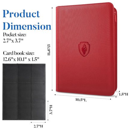 Fabmaker 9 Pocket Trading Card Binder - 360 Pockets, Premium PU, Durable Book With Zipper, Side Loading Folders for MTC, TCG, Game and Sports Cards - Red
