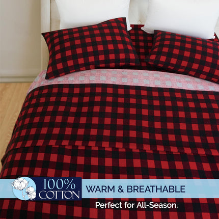 Elegant Comfort Ultra Soft 4-Piece 100% Turkish Cotton Flannel Sheet Set - Buffalo Check Plaid Flannel Sheets, Warm and Cozy Anti-Pill Premium Quality, Deep Pocket Fitted Sheet- Twin XL, Burgundy