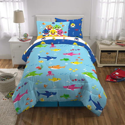Franco Comforter and Sheet Set with Sham, Microfiber, Baby Shark, 5 Piece Twin Size