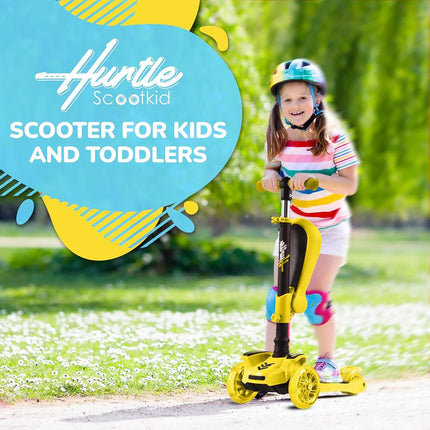 Hurtle 3 Wheeled Scooter for Kids - 2-in-1 Sit/Stand Child Toddlers Toy Kick Scooters w/Flip-Out Seat, Adjustable Height, Flashing Wheel Lights, Great for Indoor/Outdoor Fun, Yellow