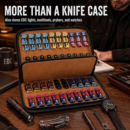 QEES 40-Slot Brown Pocket Knife Display Case Folding Tactical EDC Organizer
