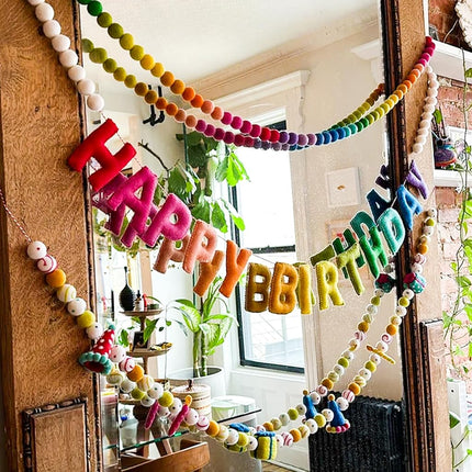 Happy Birthday Banner, Felt Ball Garland - Birthday Garland, Birthday Party Decoration, Birthday Party Hats, Birthday Decor, Party Decor, Felt Garland, Party Hat, Party Supplies, Felt Birthday Banner